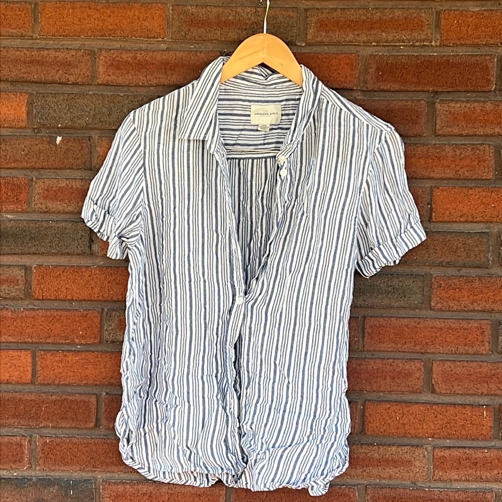 American Eagle blue and white striped, linen, short sleeve, button-down